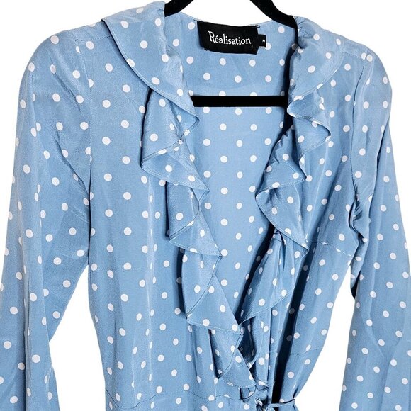 Realisation Par Alexandra Blue Polka‎ Dot Wrap Mini Dress Size M - Picture 6 of 13